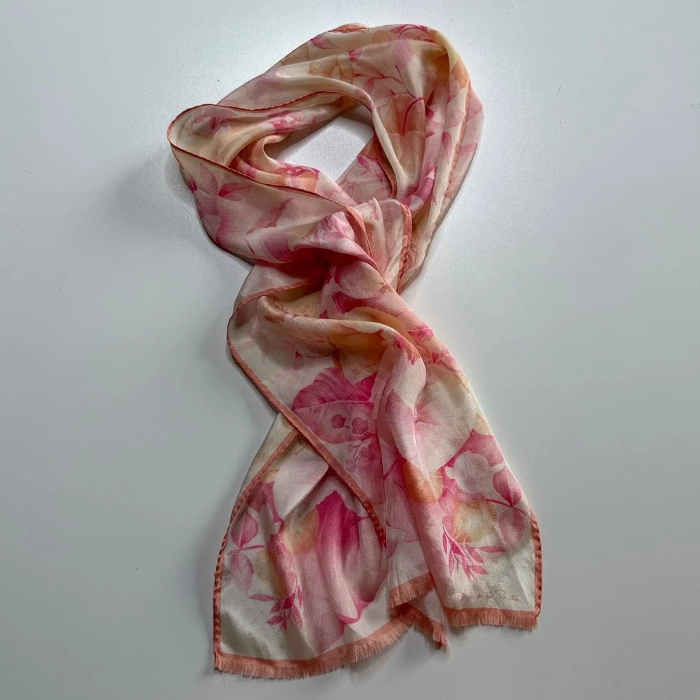 OSCAR DE LA RENTA Scarf Pink Floral Botanical Silk Oblong Women's OS Rectangle
